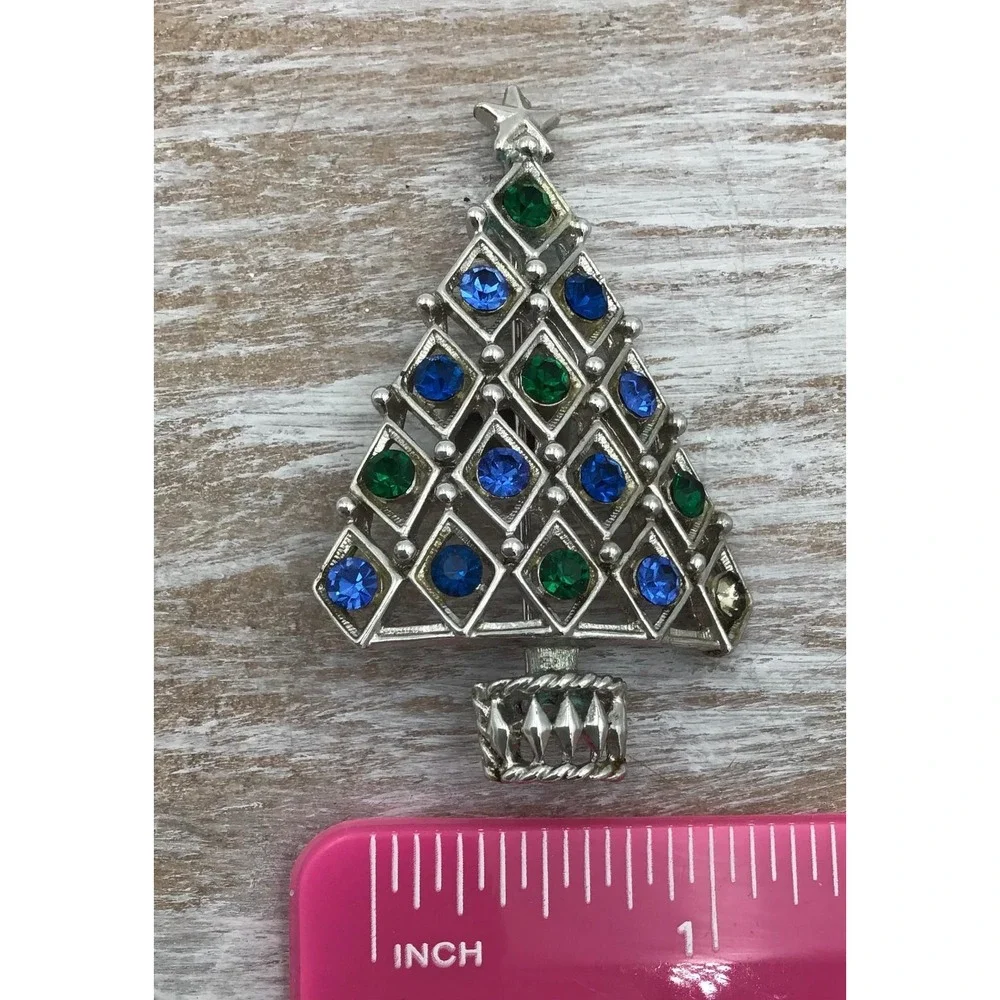 VTG Eisenberg Ice Christmas Brooch Rhinestone Silver Tree & Gold Glitter Snowman